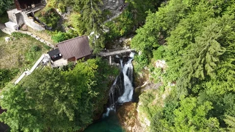 Drone shot of Sum Waterfall and walkway in Vintgar Gorge, Slovenia Stock Footage 345267829