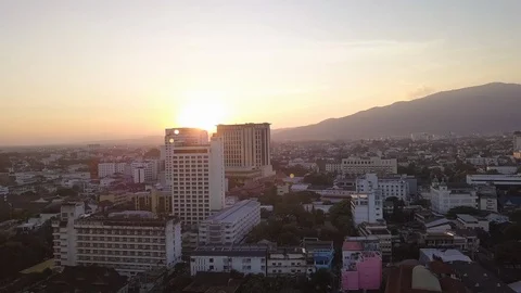 Drone shot with sun set above chiang mai Stock Footage 100373726