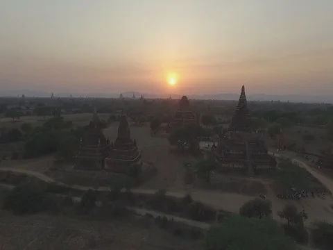 Drone shot: Sunset at Bagan temples, Myanmar Stock Footage 81797548