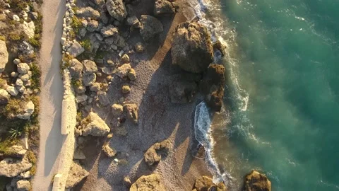 Drone Shot in Sunset with Bech and Ocean and waves Stock Footage 233598915