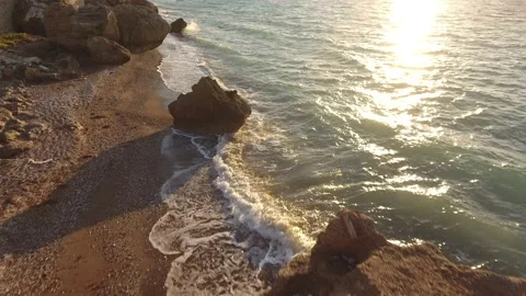 Drone Shot in Sunset with Bech and Ocean and waves Stock Footage 233598980
