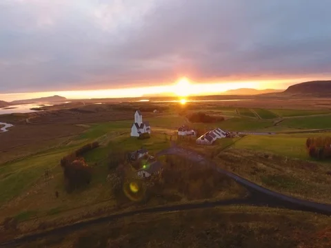 Drone shot sunset on the fields of Iceland Stock Footage