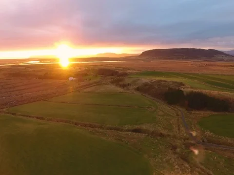 Drone shot sunset on the fields of Iceland Stock-Footage 80410894