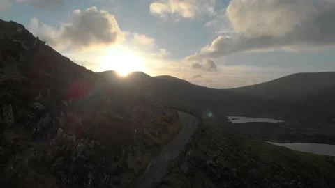 Drone Shot Of Sunset Over Conor Pass On The Dingle Peninsula In Ireland Stock Footage 159186285