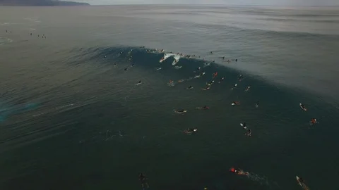 Drone shot of surfer catching wave in crowded line up. Stock Footage 96729502