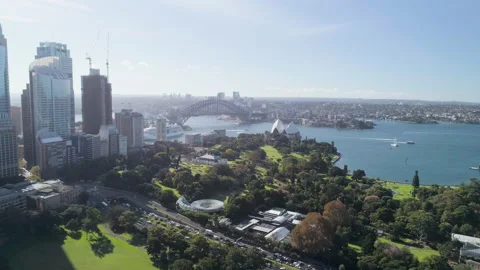 Drone shot from Sydney CBD overlooking harbour bridge and opera house Stock Footage 135102899