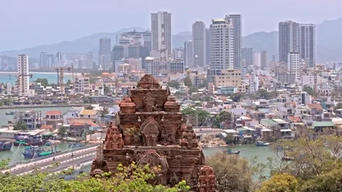 Drone Shot of Temple Overlooking Modern Nha Trang, Vietnam Stock Footage 279209217