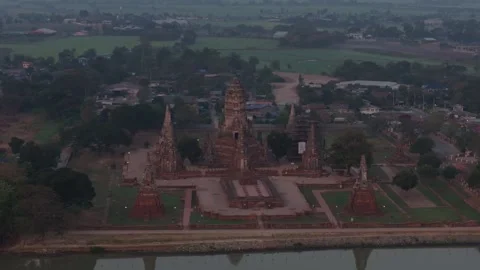 Drone shot of timeless temple remains in Ayutthaya, Thailand Stock Footage 304598721