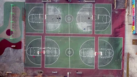 Drone Shot of Top View of Urban Public Basketball Court Stock Footage