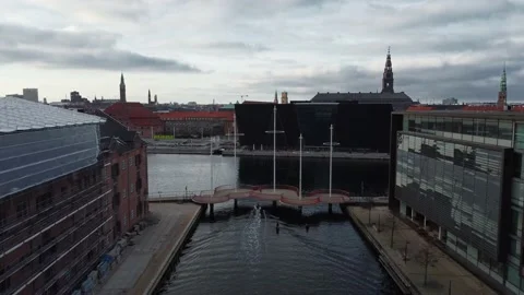 Drone shot towards circle bridge in Copenhaguen - Denmark Stock Footage 220841225