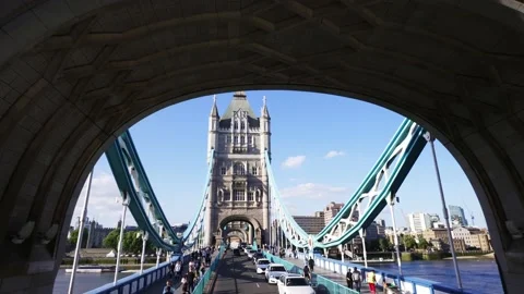 Drone shot of Tower Bridge, passing tower. Iconic historic landmark in London UK Stock Footage 223603725
