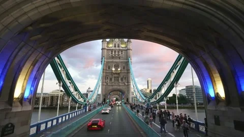 Drone shot of Tower Bridge, passing tower. Iconic historic landmark in London.  Stock Footage 223603887