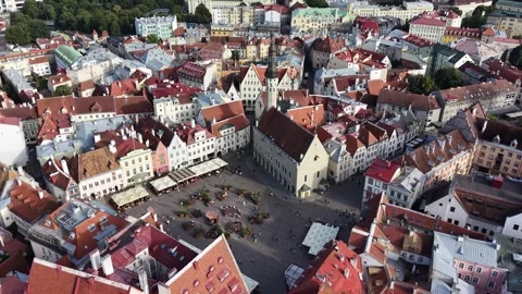 Drone shot of Town Hall Square (Raekoja Plats) in Tallinn Old Town, Estonia Stock Footage 343570351
