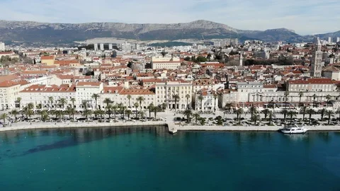 Drone shot of the town of Split with Palm Trees Stock Footage 121568527