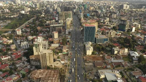 Drone shot traffic in busy streets Addis Ababa, urban transportation Ethiopia Stock Footage