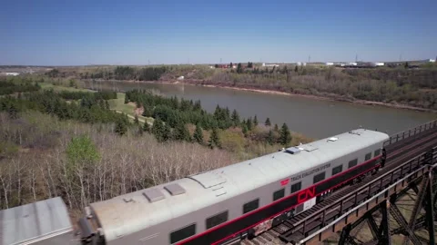 Drone Shot of a Train on a Bridge in Edmonton, Alberta, Canada Stock Footage 308388694