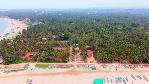 Drone Shot Trees Surround Sandy Shoreline with Temple Video stock 307274307