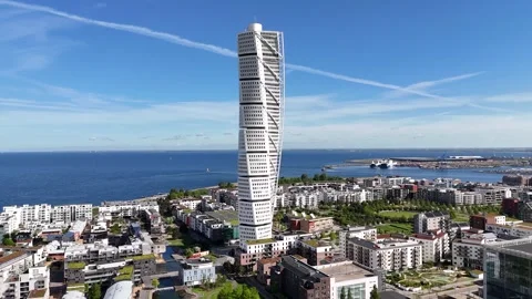 Drone shot of Turning Torso skyscraper in Malmo, Sweden Stock Footage 336189165