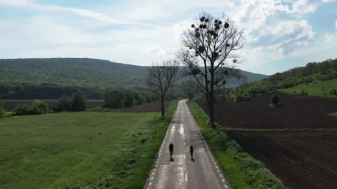 Drone shot of two cyclist and their shadows projecting on the road at sunset 스톡 동영상 156037691