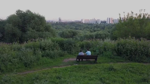 Drone shot of two men sitting and talkig on a bench at an edge of a park Stock Footage 79670612