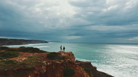 Drone shot of two men standing on top of cliff with a dog Stock Footage 203595810