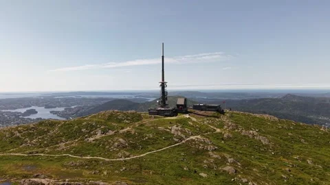 Drone shot of Ulriken mountain tower in Bergen, Norway, July 2026 Stock Footage 340080206