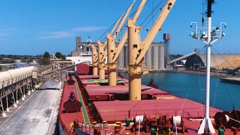 Drone shot of unidentified ship loading export grain in an Australian port. Stock Footage 86916720