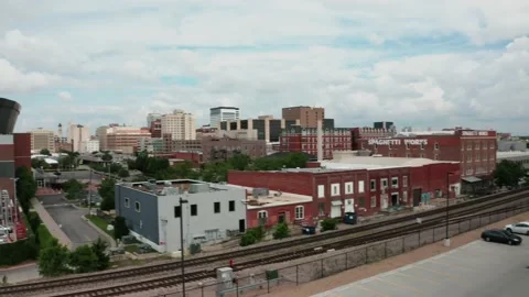 Drone shot of union station train depot sign downtown Wichita Kansas skyline 4k Stock Footage 155356318