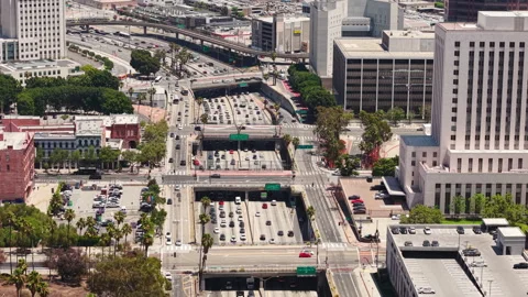 Drone Shot of US 101 Interstate Highway Traffic in Downtown Los Angeles CA USA Stock Footage 337996209