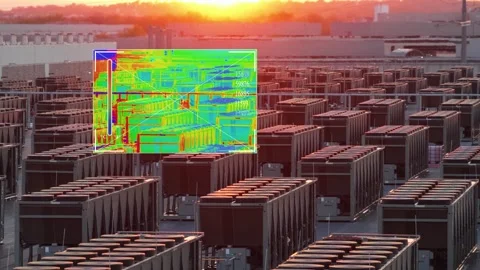 Drone shot of USA data center cooling units with a digital thermal imaging Vidéo 334671309