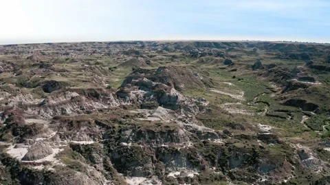Drone shot of Valley of Drumheller Alberta Dinosaur Provincial park Stock Footage 233374146