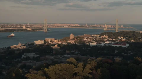 Drone shot of the Verrazano Bridge at sunset Stock Footage 339251228