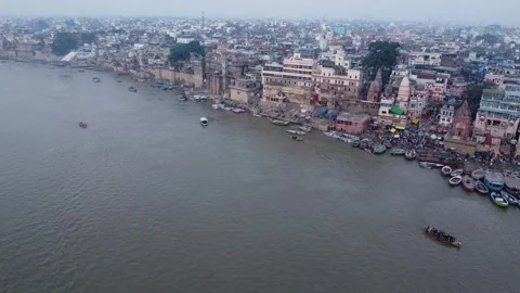 Drone shot video clip of ghats of Varanasi city in India Video stock 288113366