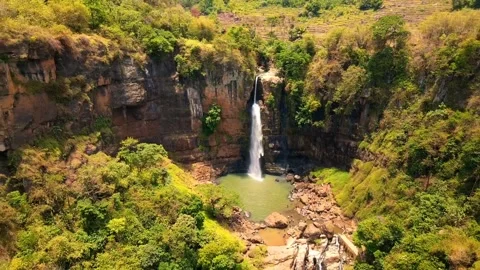 Drone shot view of green mountain and water fall Video stock 268897963