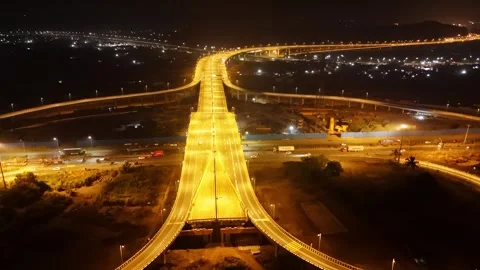 Drone shot view shining roads and overpasses at night Stock-Footage 295480898