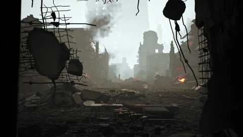 Drone Shot Of War Zone Destruction Destroyed Buildings Pain Ukrainian City Stock Footage