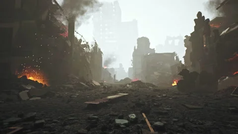 Drone Shot Of War Zone Destruction Exploded Buildings Violence Ukrainian City Stockbeeldmateriaal 187177313