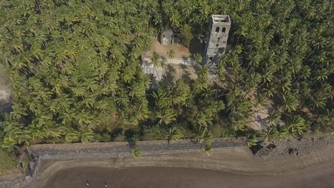 Drone shot of a watch tower within a sea fortress wall amongst coconut trees Stock Footage 117357987