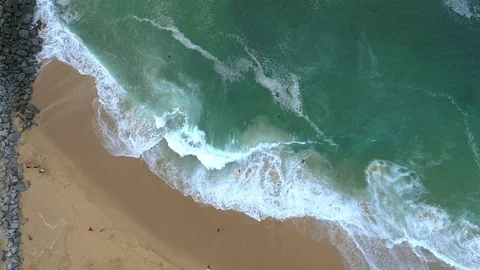 Drone shot of The Wedge surf spot in Newport Beach, Orange County, California Stock Footage 85458529