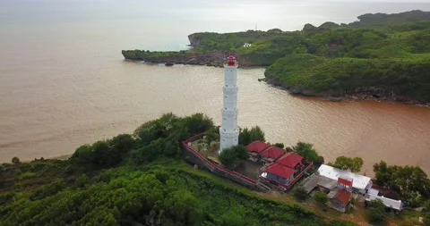 Drone shot of white lighthouse on the cape that surrounded by trees Stock Footage 224410268