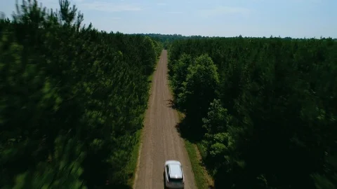 Drone shot of a white SUV driving down a dirt road in thick Louisiana Vídeo Stock 120830368