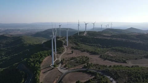 Drone shot of a wind farm for eolic energy production in Catalonia, Spain. Video stock 263798412
