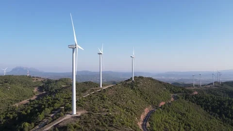 Drone shot of a wind farm for eolic energy production in Catalonia, Spain. Video stock 263798414