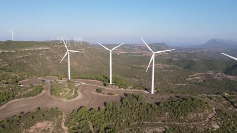 Drone shot of a wind farm for eolic energy production in Catalonia, Spain. Video stock 263798624