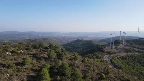 Drone shot of a wind farm for eolic energy production in Catalonia, Spain. Video stock 263798641