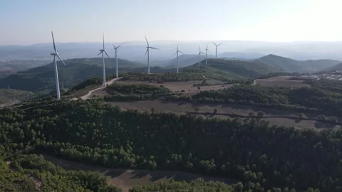 Drone shot of a wind farm for eolic energy production in Catalonia, Spain. Video stock 263798686