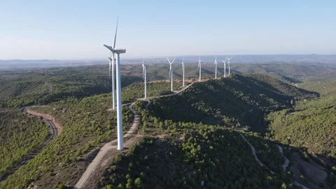 Drone shot of a wind farm for eolic energy production in Catalonia, Spain. Stock Footage 263800472