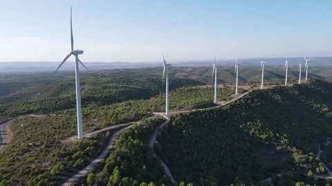 Drone shot of a wind farm for eolic energy production in Catalonia, Spain. Stock Footage 263800533