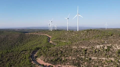 Drone shot of a wind farm for eolic energy production in Catalonia, Spain. Stock Footage 263801437
