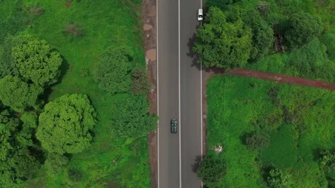 Drone Shot of Winding Road Through Dense Green Forest – 4K Stock Footage 307770104